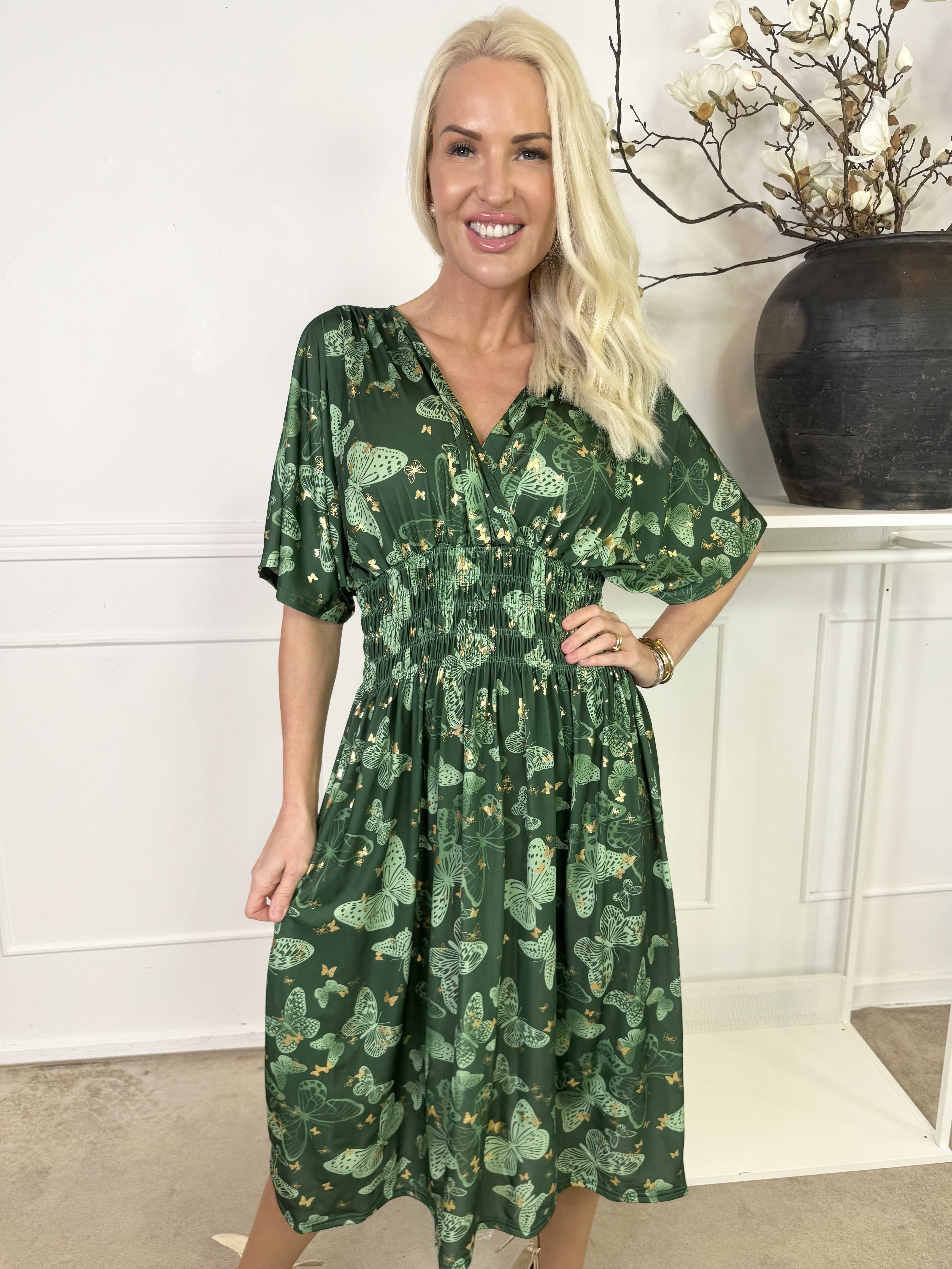 Pams Butterfly Midi S/S - Elastisk kjole med sommerfugleprint